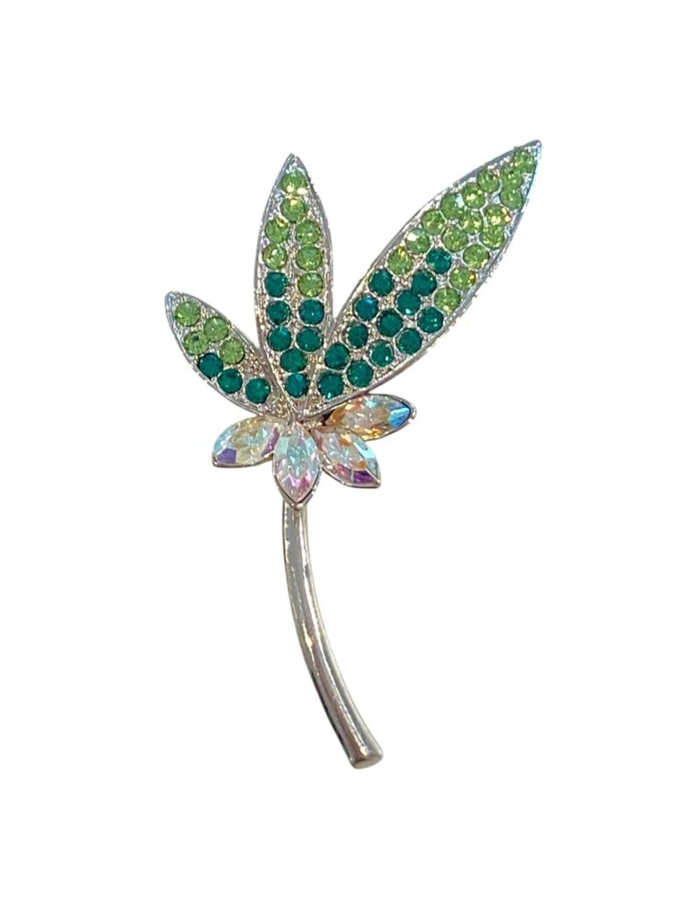 Rhinestone Leaf Brooch Pin With Green & Iridescent Stones Floral Jewelry
